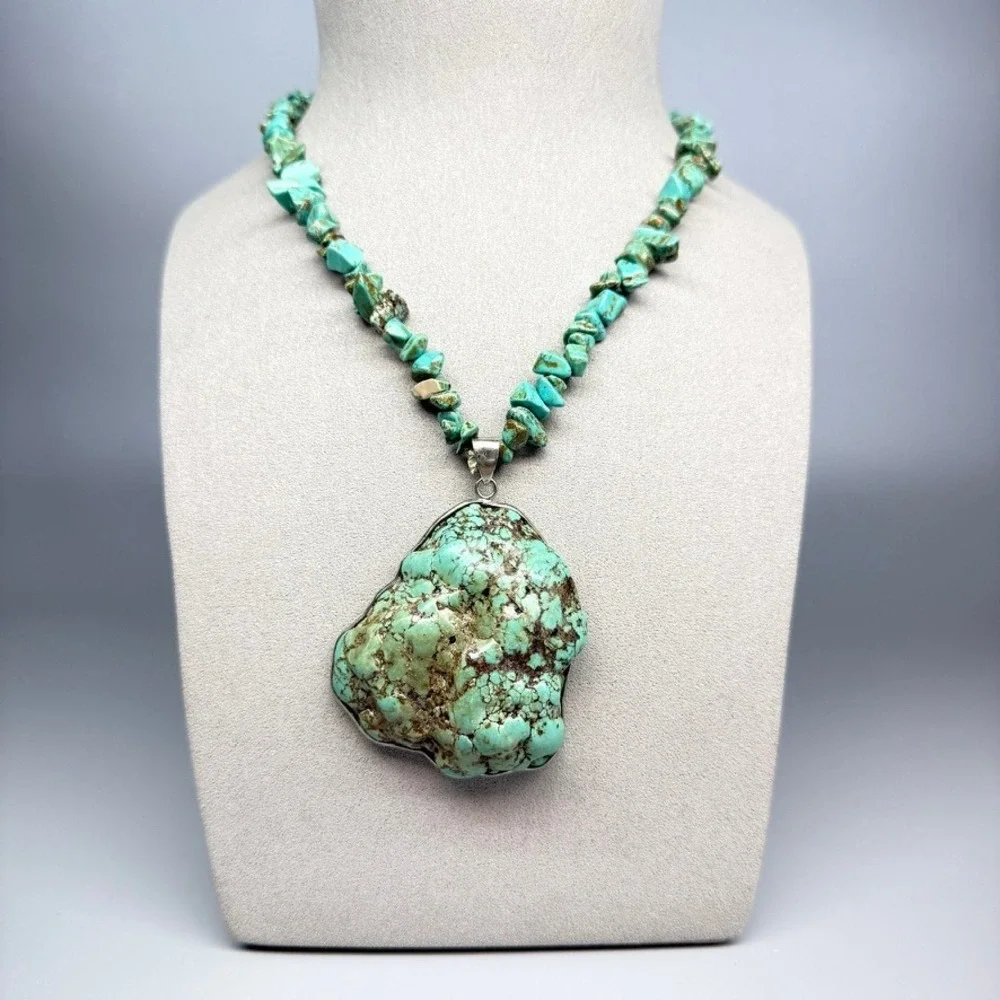 Large Chunky Turquoise Nugget and Chip Pendant Necklace 18